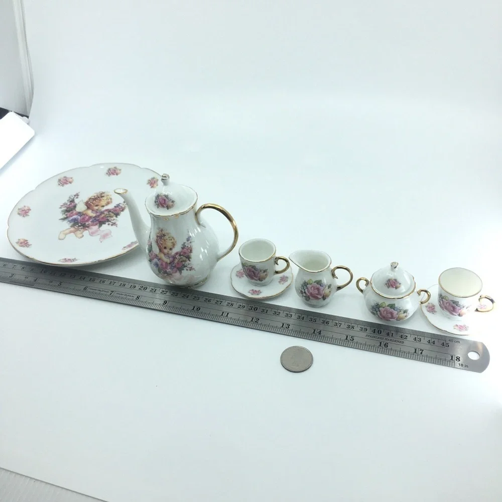 Vintage Children's Mini Tea Set White Porcelain Angel Pink Floral Gold Trim 10pc